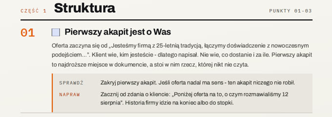 Fragment checklisty: część Struktura, punkt 01 - Pierwszy akapit jest o Was, ze wskazówką sprawdź i napraw