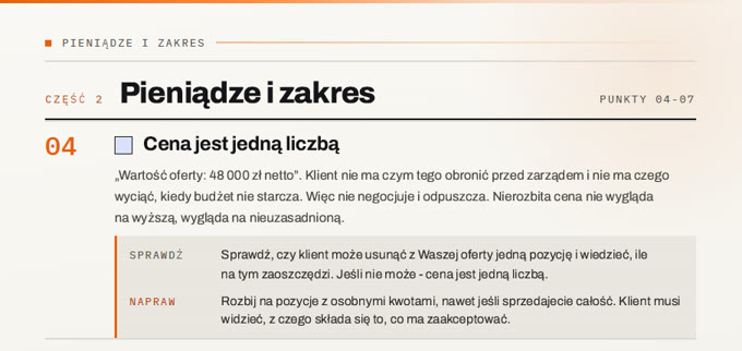 Fragment checklisty: część Pieniądze i zakres, punkt 04 - Cena jest jedną liczbą, ze wskazówką sprawdź i napraw