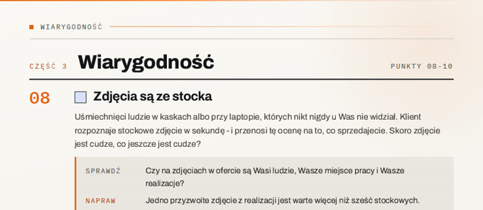 Fragment checklisty: część Wiarygodność, punkt 08 - Zdjęcia są ze stocka, ze wskazówką sprawdź i napraw